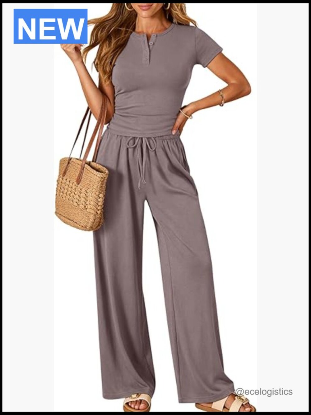 2 Piece Lounge Set Matching Wide Leg Pants Henley Top Vacation Outfit